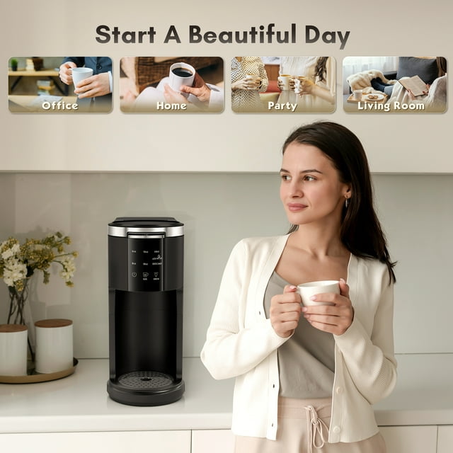 KISSAIR 2-in-1 Single Serve Coffee Maker for K-Cup Capsules and Ground Coffee, Black