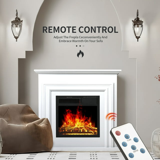 KISSAIR 36" Freestanding Electric Fireplace with Wood, Remote Control, For Rooms up to 400 Sq.Ft. Adjustable LED Flame & 2 Heating Settings, -White