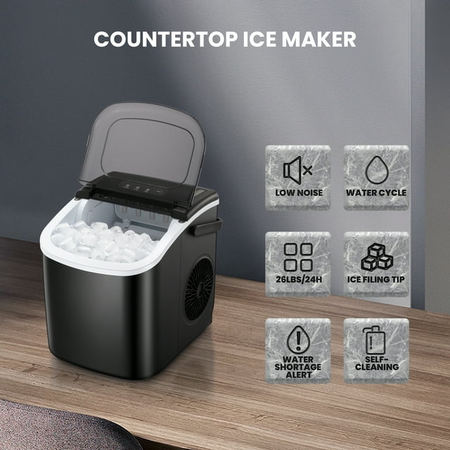 KISSAIR Portable Ice Maker Countertop, 9Pcs/8Mins, 26lbs/24H, Self-Cleaning Ice Machine with Handle for Kitchen/Office/Bar/Party, Black