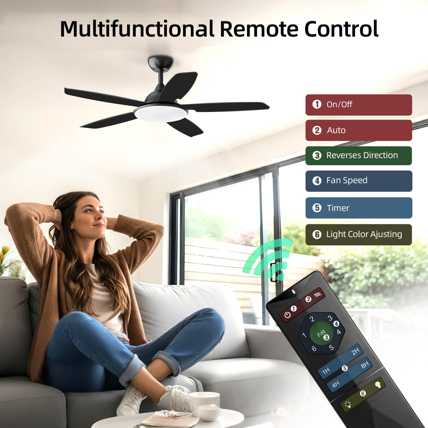 KISSAIR 52 In 5 Baldes Ceiling Fan with Light and Remove Control 6 Speeds & Reversible DC Motor,3 Color Dimmable LED, Ultra Quiet 45dB, Timer Function,Black