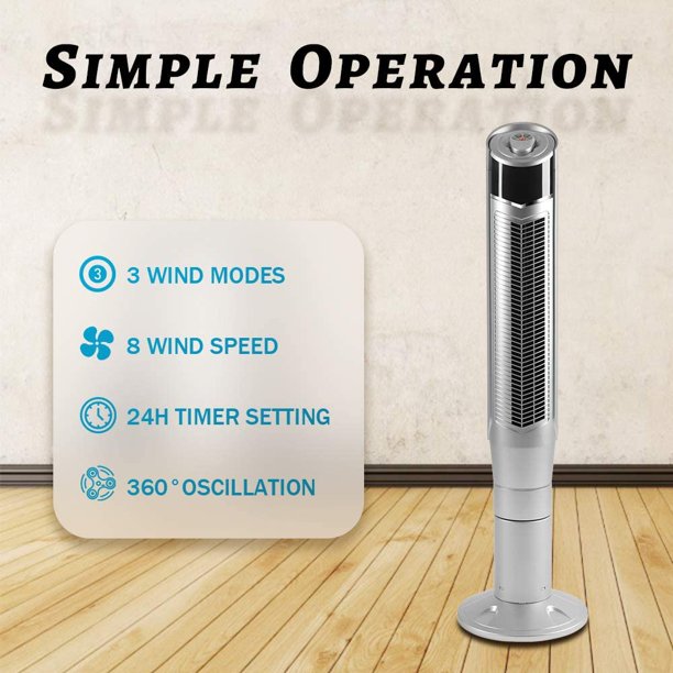 KISSAIR Tower Fan - Oscillation, Ionizer, Remote Control - Office/Home - Bladeless Floor Fan - 8 Wind Speeds, 47" (Silver)