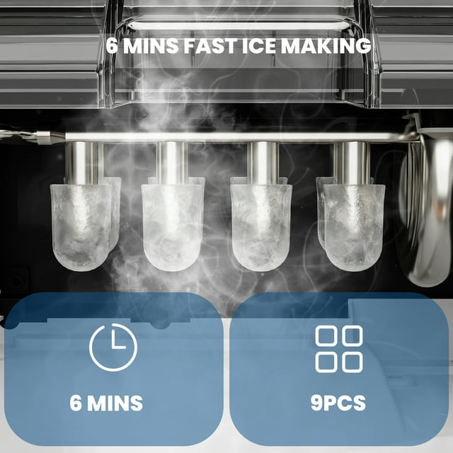 KISSAIR Portable Ice Maker Countertop, 9Pcs/8Mins, 26lbs/24H, Self-Cleaning Ice Machine with Handle for Kitchen/Office/Bar/Party, Black