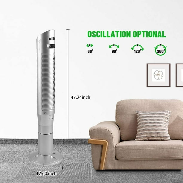 KISSAIR Tower Fan - Oscillation, Ionizer, Remote Control - Office/Home - Bladeless Floor Fan - 8 Wind Speeds, 47" (Silver)