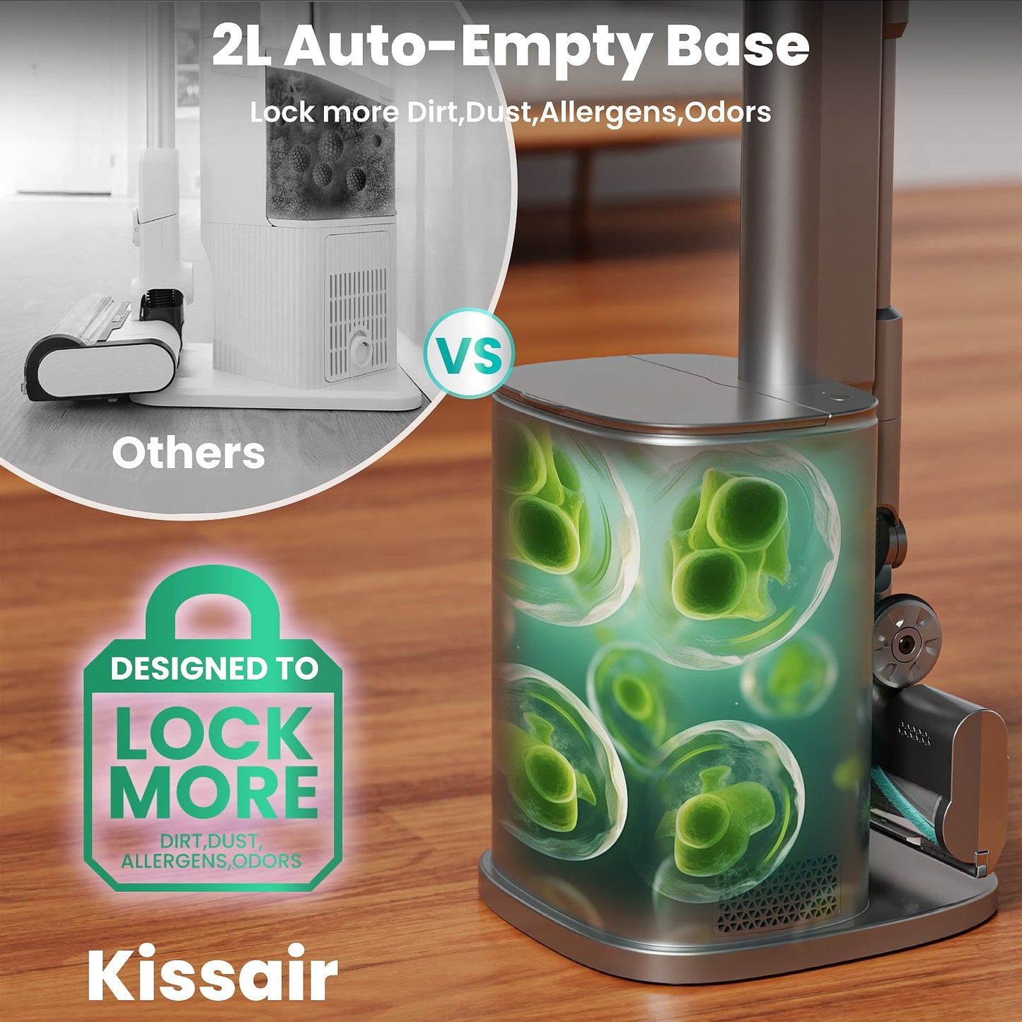 KISSAIR Cordless Vacuum Cleaner with Auto-Empty System, PowerDetect Clean & Empty, DuoClean Detect Nozzle & MultiFlex, Powerful Suction, HEPA Filter, Pet Hair Pickup, Carpets, Hardwood, Tiffany Green