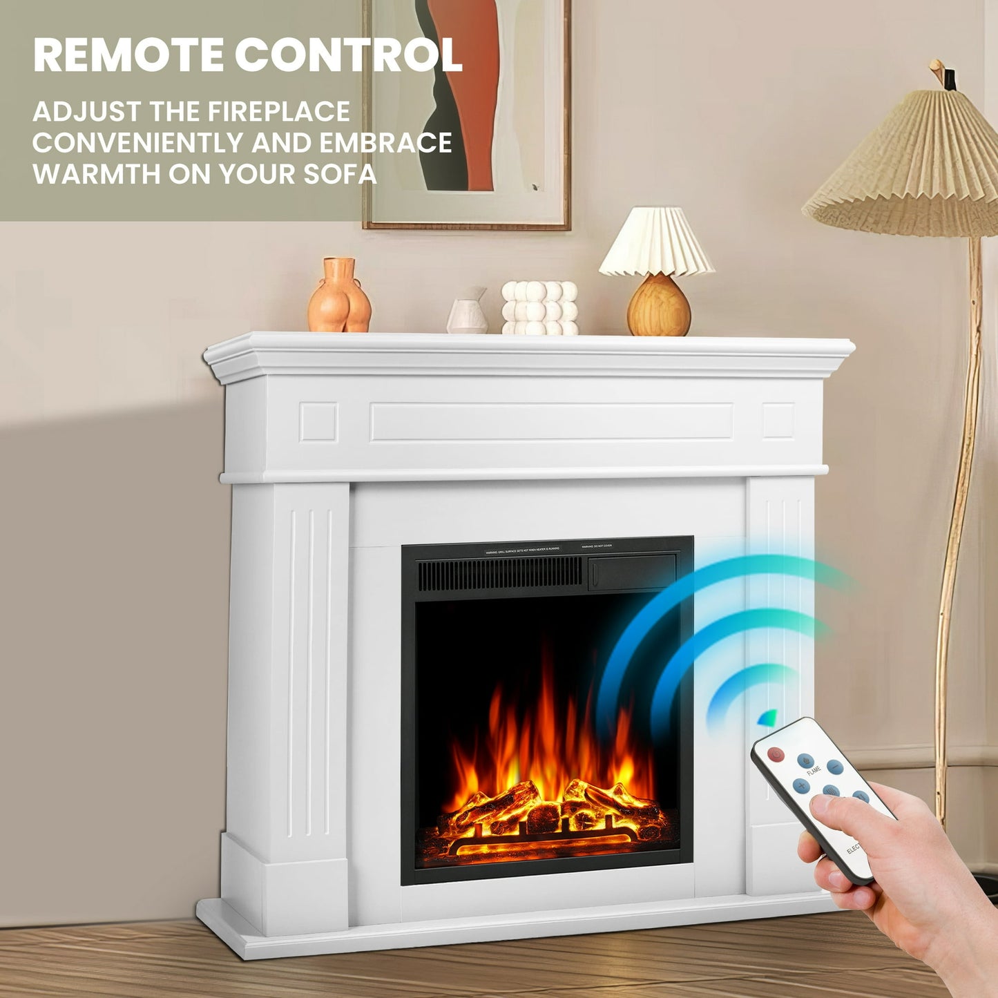 KISSAIR Electric Fireplace Mantel Package Wooden Surround Firebox Electric Fireplace Heater with Logs, Adjustable Led Flame, Remote Control, 750W-1500W, White