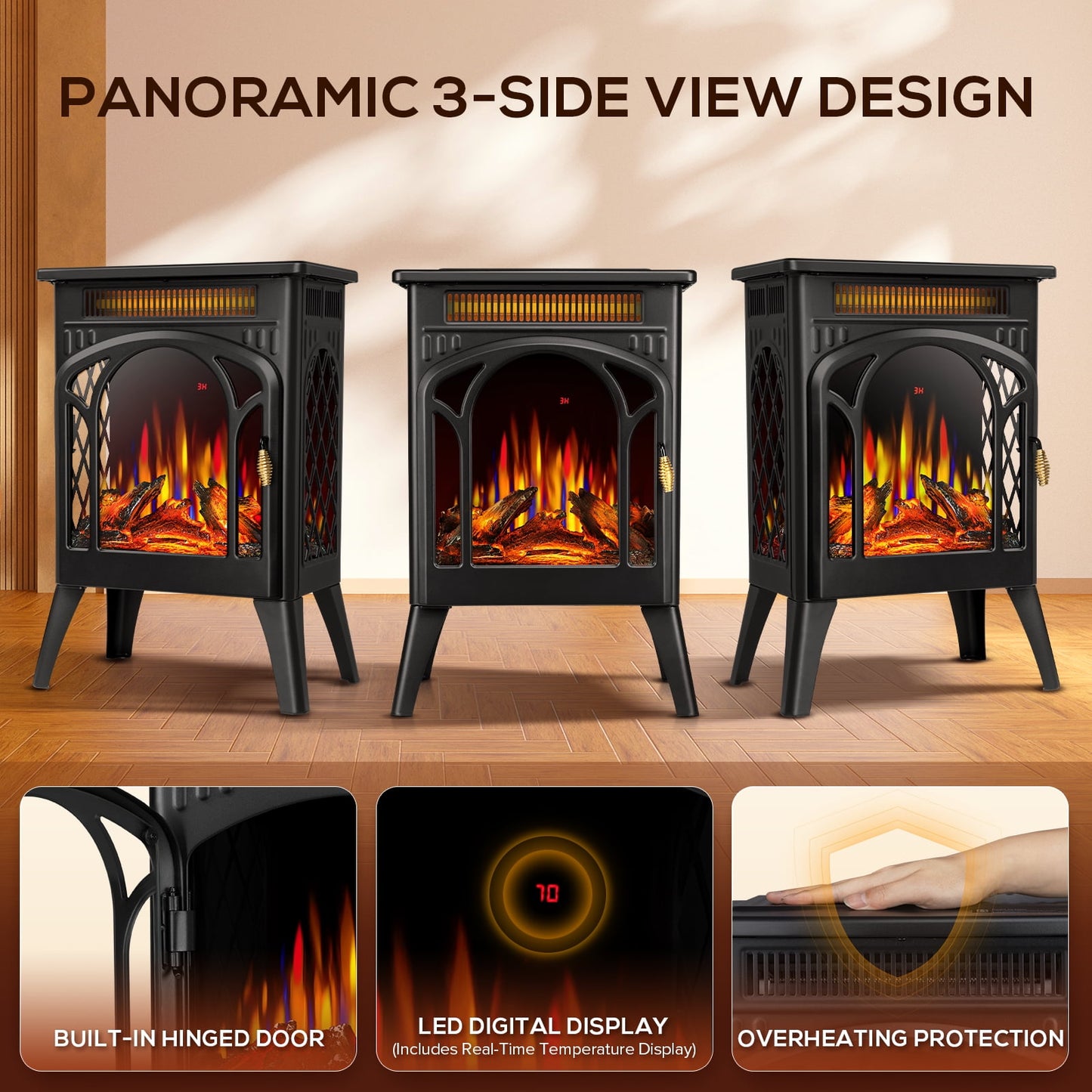 KISSAIR All-metal Electric Fireplace Heater 16", Frame Freestanding Stove, 3D Flame, Remote Control, 500W/1500W, Black