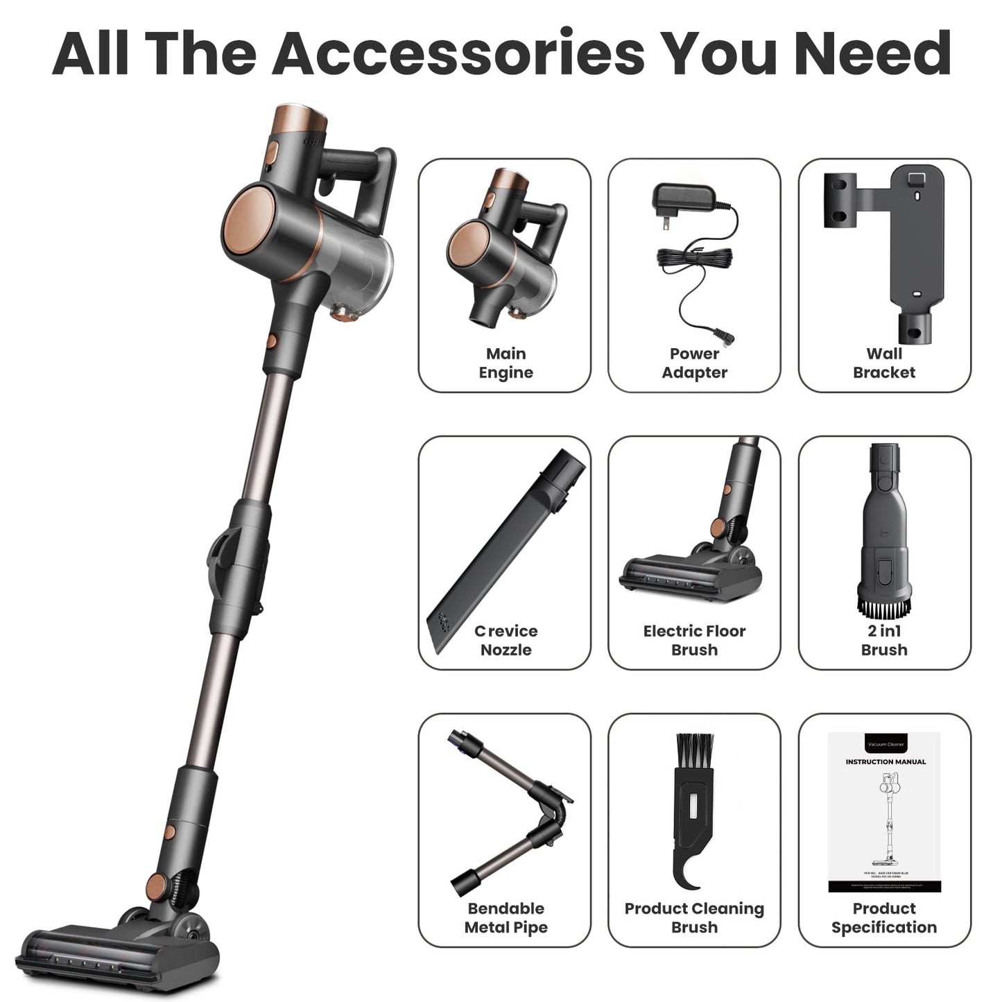 KISSAIR Cordless Vacuum Cleaner rechargeable 50min 2200mah Lightweight Led Display Screen Stick Vacuum Cleaners for Home Hardwood Floor Carpet Pet Hair, Grey