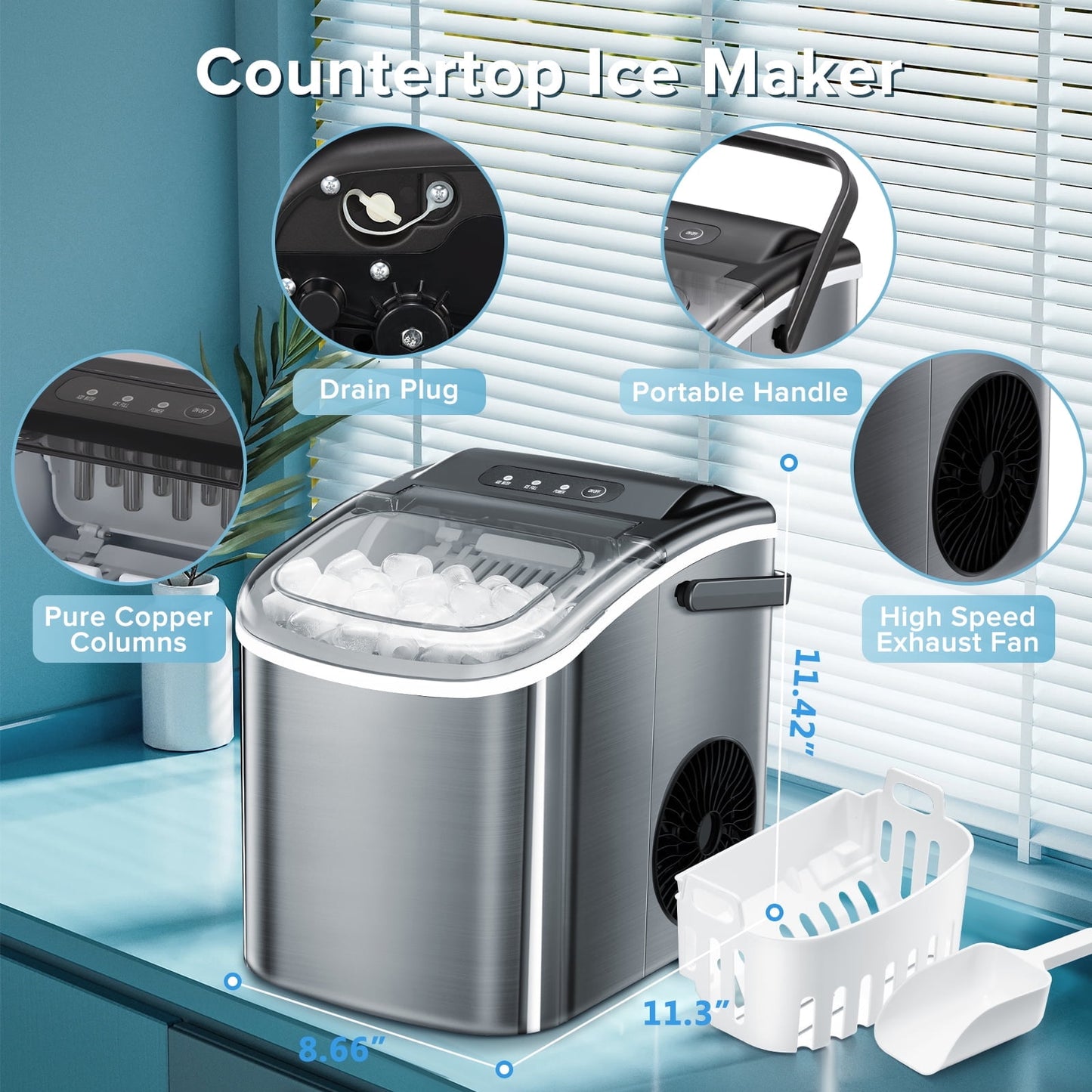 KISSAIR Countertop Ice Maker Portable, 9Pcs/8Mins, 26lbs/24H, Self-Cleaning, Ice Machine with Handle for Kitchen/Office/Bar/Party, Stainless Steel, Silver