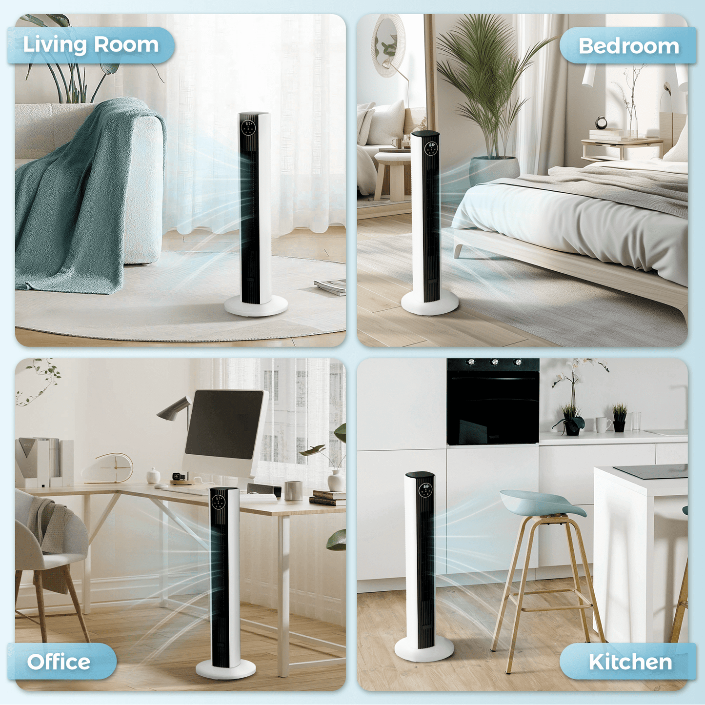 KISSAIR 35" Tower Fan for Home, 85° Oscillating Tower Fan, 4 Modes & 3 Speeds Standing Floor Fan with 12H Timer, Bladeless & Family-Safe Design with Remote Control, (Black - White mix)