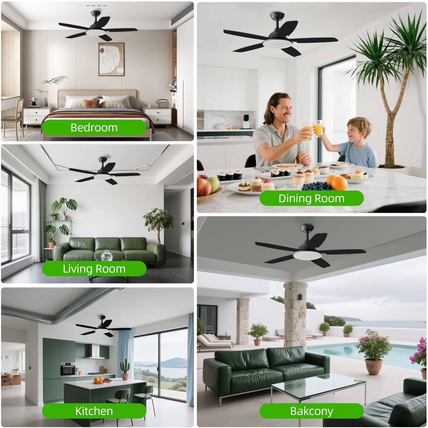 KISSAIR 52 In 5 Baldes Ceiling Fan with Light and Remove Control 6 Speeds & Reversible DC Motor,3 Color Dimmable LED, Ultra Quiet 45dB, Timer Function,Black