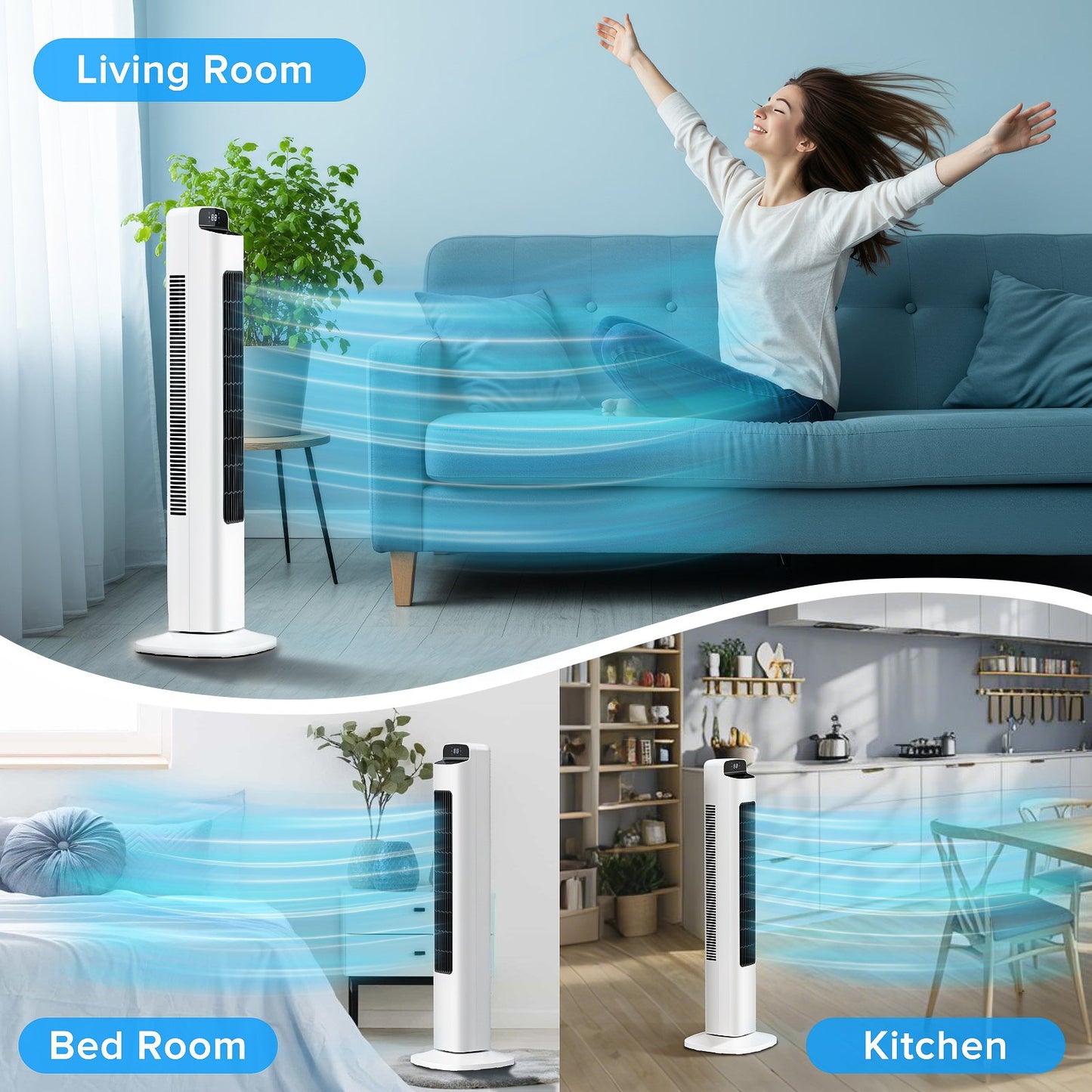 KISSAIR Ultra Quiet Tower Fan, 36 Inch Oscillating Fan with Remote Control, 5 Speed & 3 Modes, 12H Timer, 80° Wide-Angle Cooling for Large Bedroom, Office, Home - Easy Assembly, White