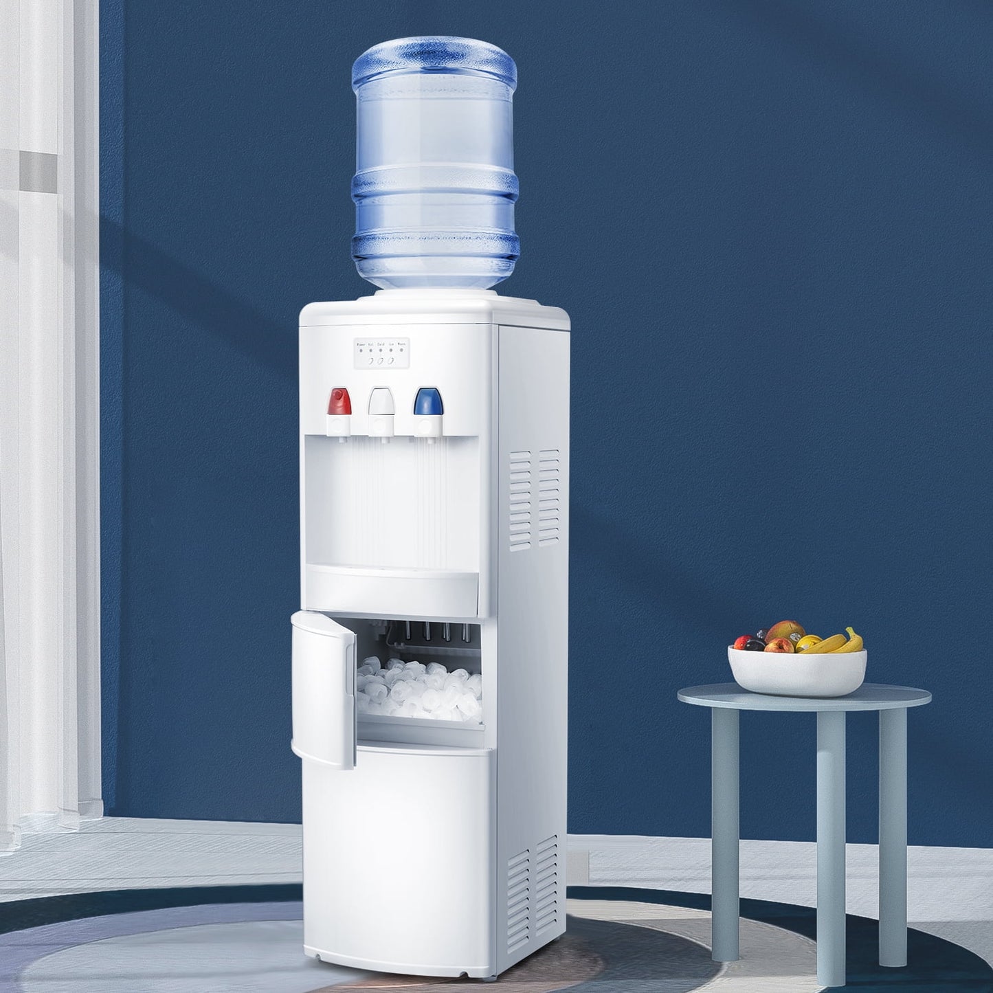 LHRIVER 5 Gallon Water Cooler Dispenser with Built-in Ice Maker, Top Loading Water Dispenser 3 in 1 Hot/Cold/Room Temperature, Child Lock, White