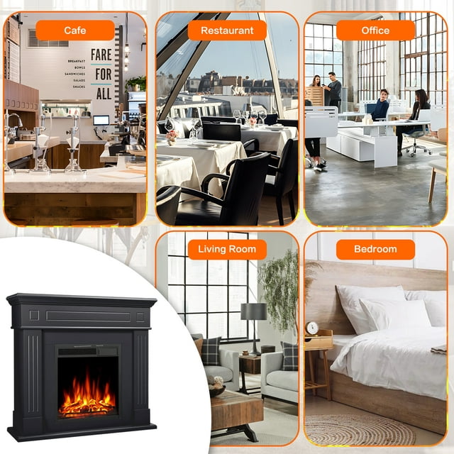 KISSAIR Freestanding Wooden Frame Fireplace with TV Stand, Electric Fireplace Mantel Heater, Various Brightness & Realistic Flames & Remote Control, 750W-1500W, Black