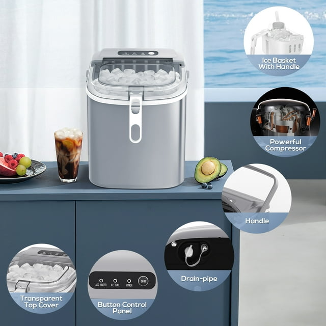 KISSAIR Portable Ice Maker Countertop, with Handle, 26Lbs/24H, 9Pcs/6Mins, One-Click Operation Ice Makers with Ice Scoop and Basket, Self-Cleaning, for Kitchen/Office/Bar/Party