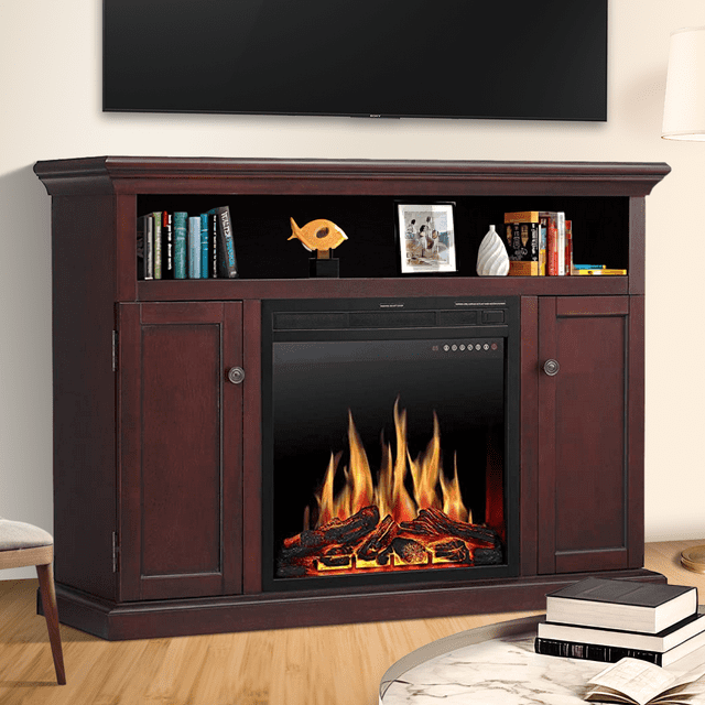 KISSAIR Wooden Frame Fireplace, TV Stand Wood Mantel with LED Flames, Fireplace Console Cabinet, Remote Control&Touch Screen,750W-1500W-Brown