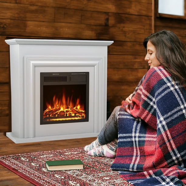 KISSAIR Electric Fireplace with Mantel Package Freestanding Fireplace Heater Corner Firebox with Log & Remote Control, 750-1500W, Lvory White