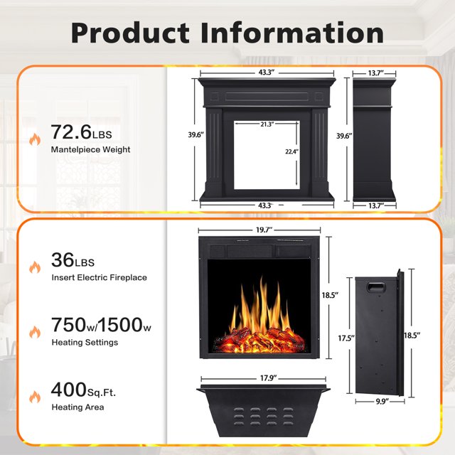 KISSAIR Freestanding Wooden Frame Fireplace with TV Stand, Electric Fireplace Mantel Heater, Various Brightness & Realistic Flames & Remote Control, 750W-1500W, Black
