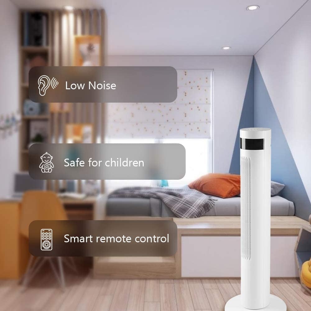 KISSAIR Tower Fan Portable Floor Fans 85°Oscillating Fan 12H Timer Remote Control Standing Bladeless Electric 3 Speeds Wind 3 Modes Bedroom Office(35 inch, White)