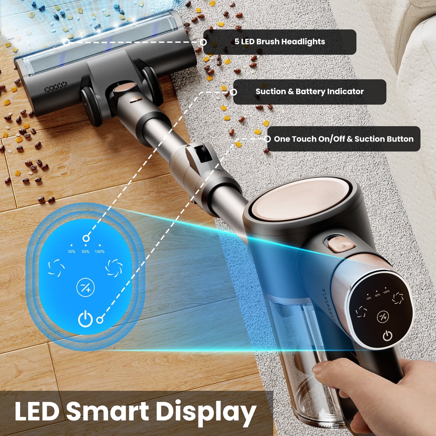 KISSAIR Cordless Vacuum Cleaner rechargeable 50min 2200mah Lightweight Led Display Screen Stick Vacuum Cleaners for Home Hardwood Floor Carpet Pet Hair, Grey