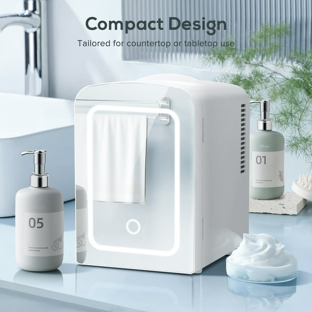 KISSAIR Mini Refrigerator and Personal Beauty Fridge, Mirrored Door with Light, 4 Liter, White