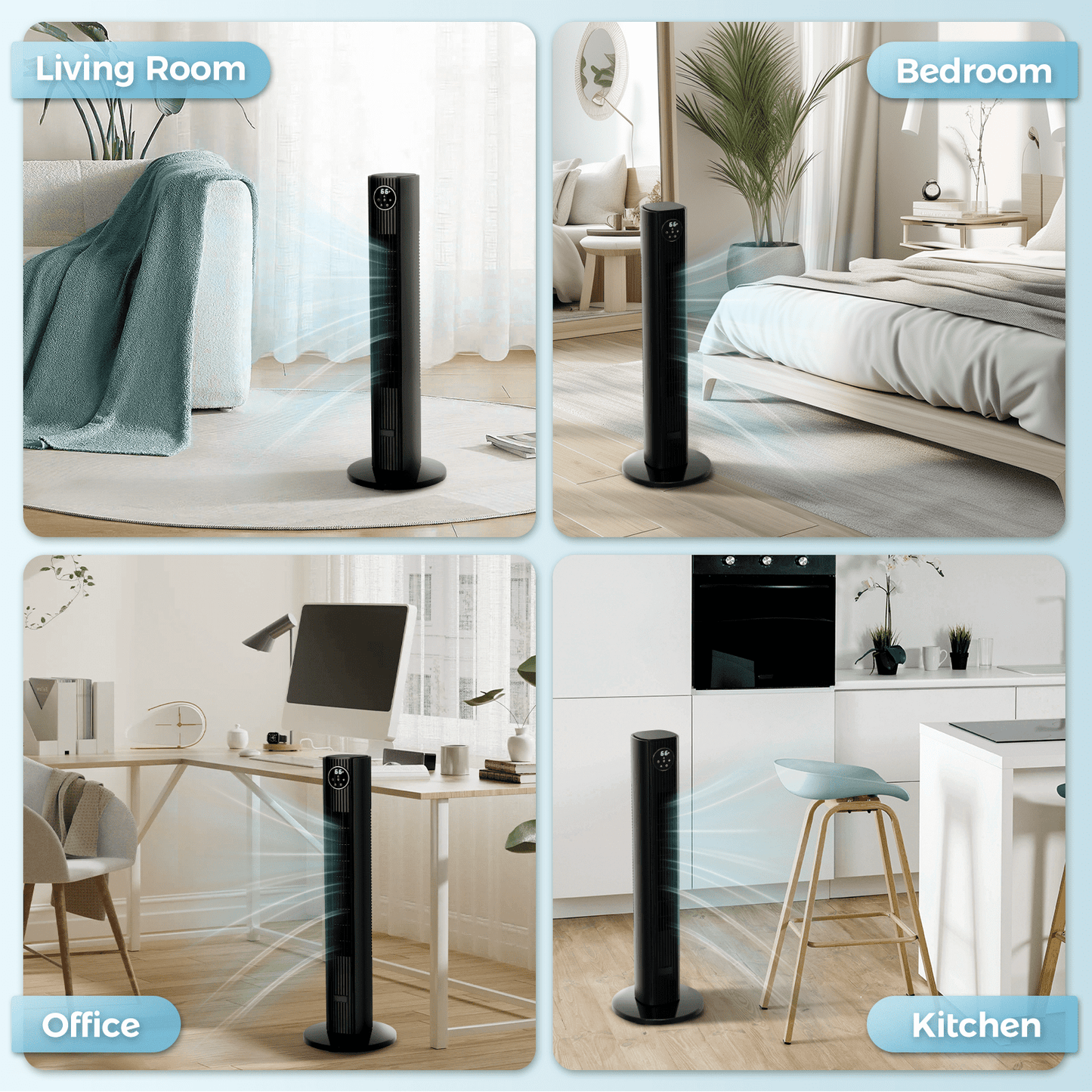 KISSAIR 35" Tower Fan for Home, 85° Oscillating Tower Fan, 4 Modes & 3 Speeds Standing Floor Fan with 12H Timer, Bladeless & Family-Safe Design with Remote Control, (Black)