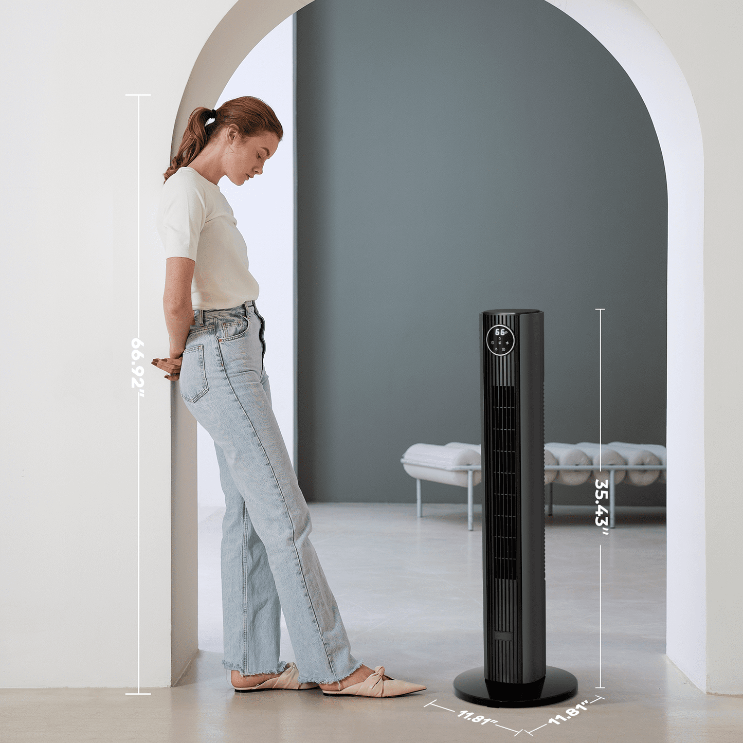 KISSAIR 35" Tower Fan for Home, 85° Oscillating Tower Fan, 4 Modes & 3 Speeds Standing Floor Fan with 12H Timer, Bladeless & Family-Safe Design with Remote Control, (Gray)