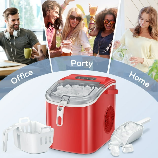 KISSAIR Portable Ice Maker Countertop, with Handle, 26Lbs/24H, 9Pcs/6Mins, One-Click Operation Ice Makers with Ice Scoop and Basket, Self-Cleaning, for Kitchen/Office/Bar/Party
