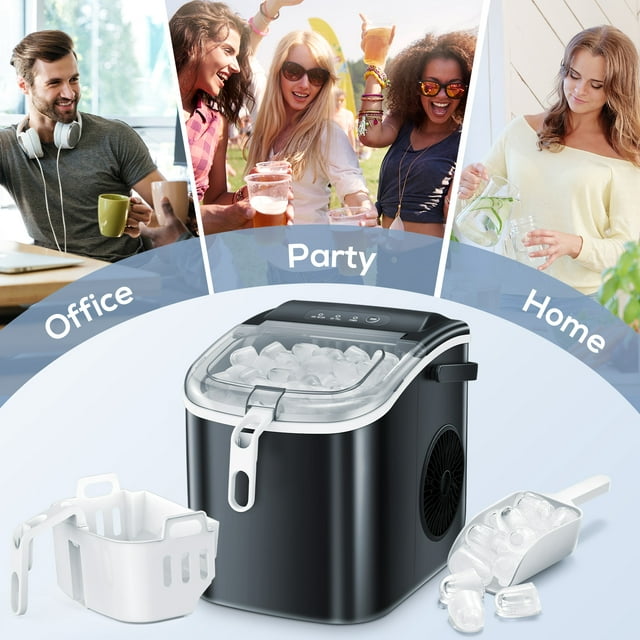 KISSAIR Portable Ice Maker Countertop, with Handle, 26Lbs/24H, 9Pcs/6Mins, One-Click Operation Ice Makers with Ice Scoop and Basket, Self-Cleaning, for Kitchen/Office/Bar/Party