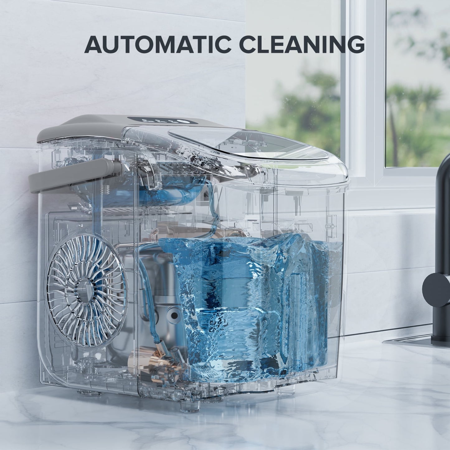 KISSAIR Countertop Ice Maker Portable Ice Machine with Handle, Self-Cleaning Ice Makers, 26Lbs/24H, 9 Ice Cubes Ready in 6 Mins for Home Kitchen Bar Party Gray