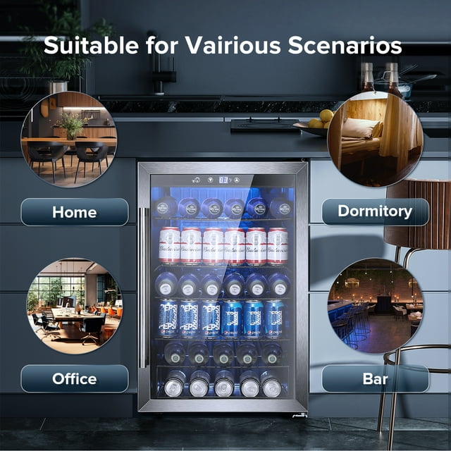 KISSAIR 4.4 Cu.ft Beverage Refrigerator Cooler, 37 Bottles Mini Fridge with Glass Door for Soda, Beer or Wine, Double Toughened Glass , Cool LED for Bar/Office/Home/Restaurant