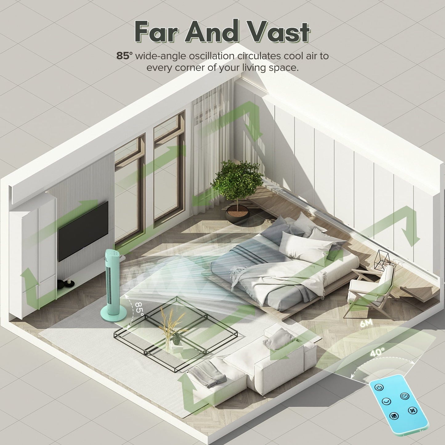 KISSAIR 30"Tower Fan for Bedroom, 3 Fan Modes with LED Display, 15H Timer, 85°Oscillation Fans, 3 Speeds, Remote Control for Home/Bedroom/Office, Green