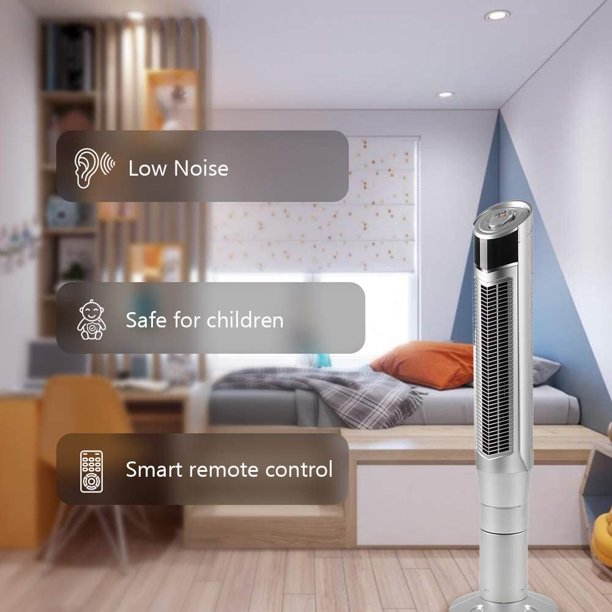 KISSAIR Tower Fan - Oscillation, Ionizer, Remote Control - Office/Home - Bladeless Floor Fan - 8 Wind Speeds, 47" (Silver)