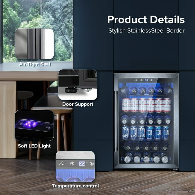 KISSAIR 4.4 Cu.ft Beverage Refrigerator Cooler, 37 Bottles Mini Fridge with Glass Door for Soda, Beer or Wine, Double Toughened Glass , Cool LED for Bar/Office/Home/Restaurant