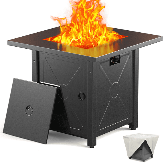 LHRIVER 28" Outdoor Propane Fire Pit Table, 50000 BTU Steel Gas Fire Pit with Removable Lid, Lava Rocks & Rain Cover