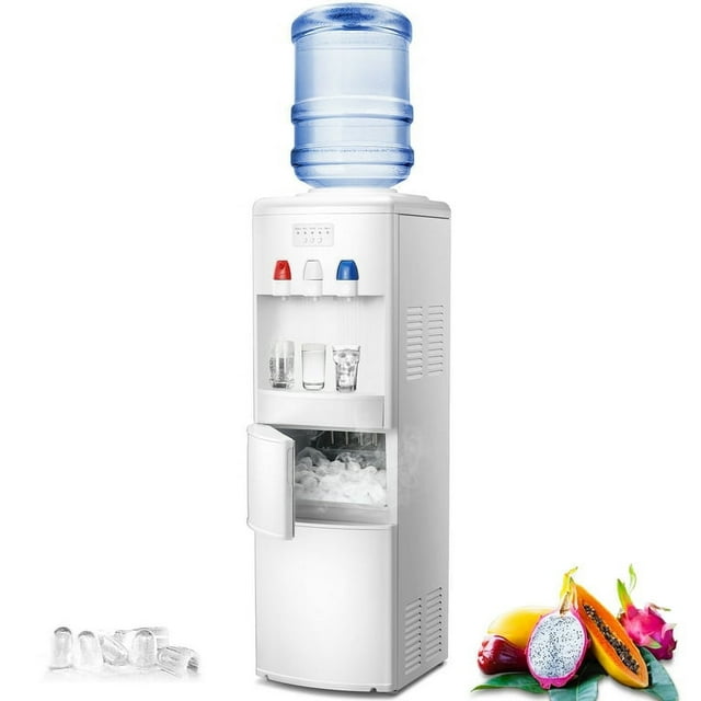 LHRIVER 5 Gallon Water Cooler Dispenser with Built-in Ice Maker, Top Loading Water Dispenser 3 in 1 Hot/Cold/Room Temperature, Child Lock, White