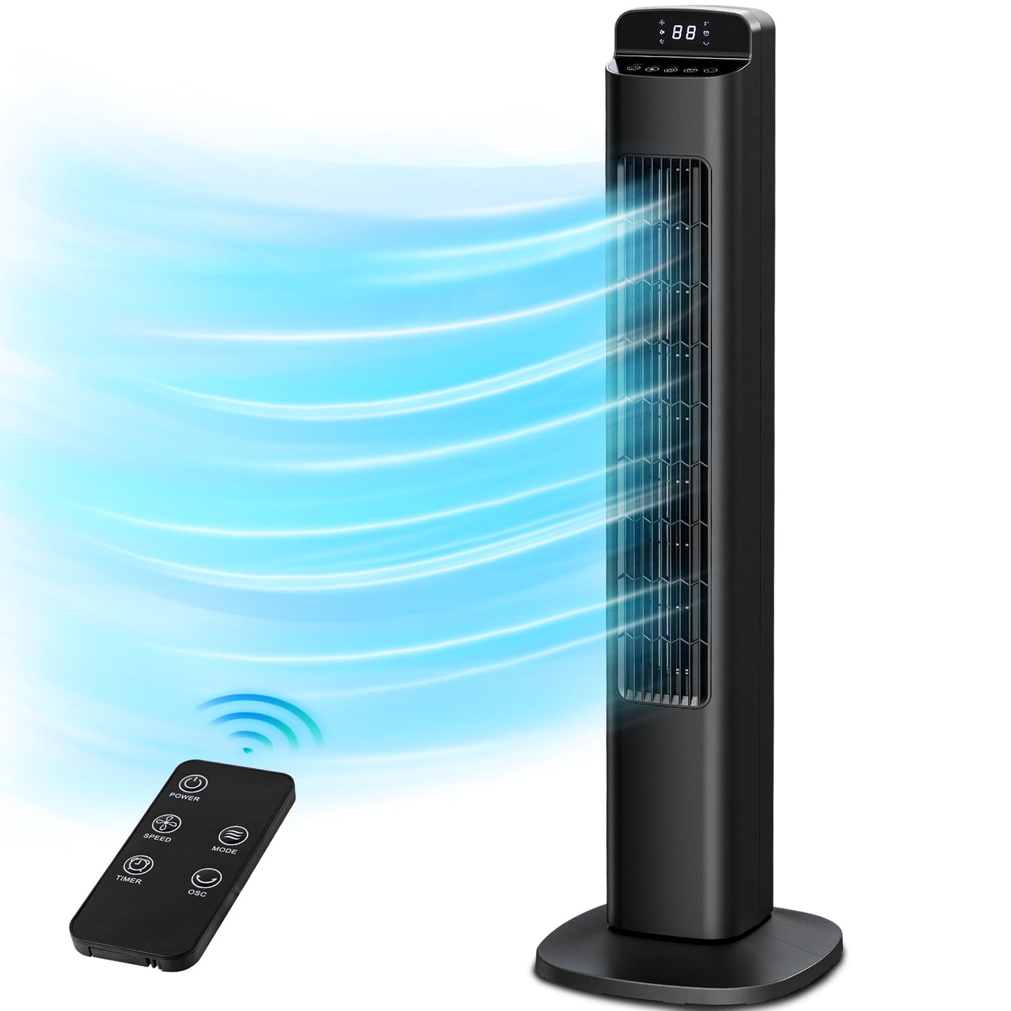 KISSAIR Ultra Quiet Tower Fan, 36 Inch Oscillating Fan with Remote Control, 5 Speed & 3 Modes, 12H Timer, 80° Wide-Angle Cooling for Large Bedroom, Office, Home - Easy Assembly, Black