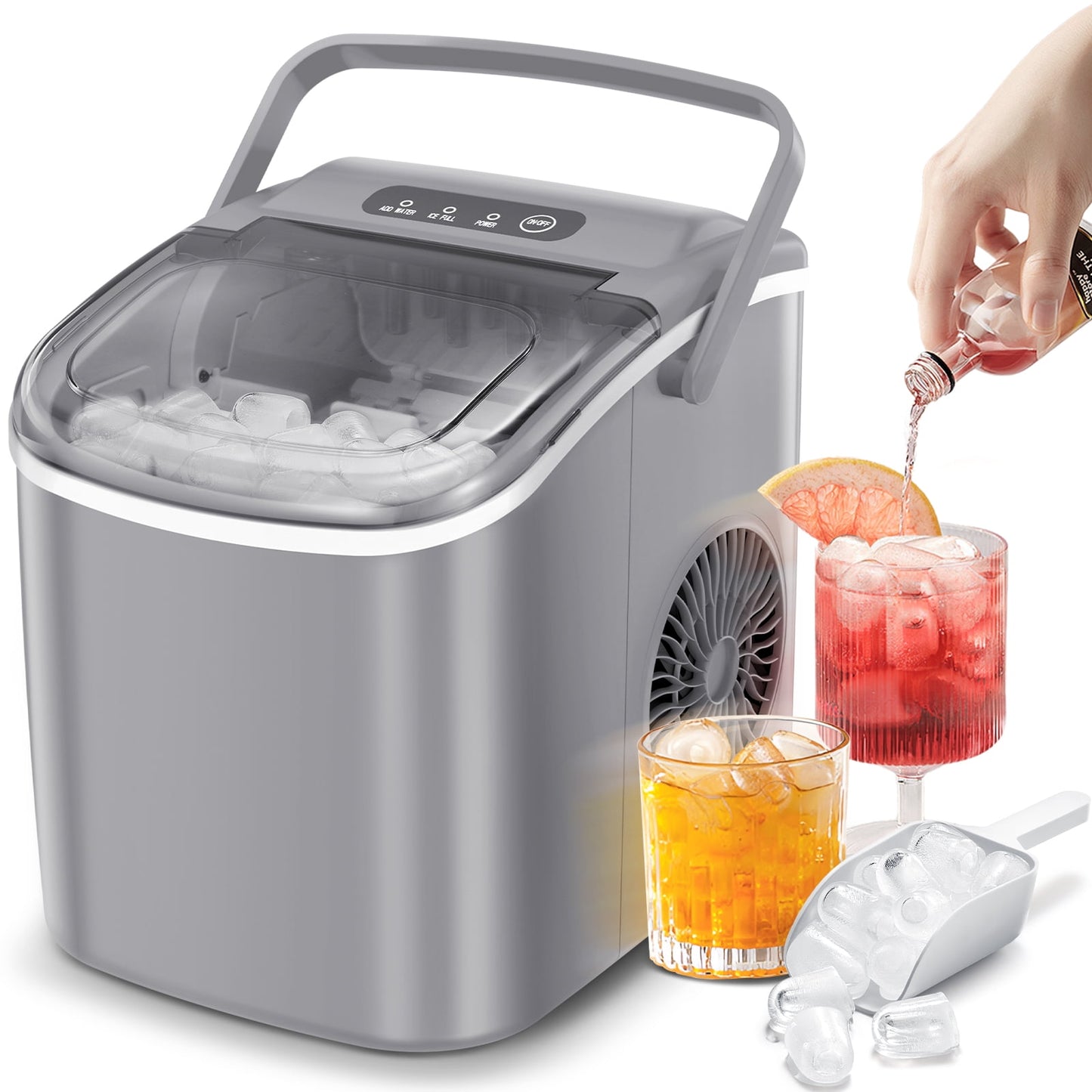 KISSAIR Countertop Ice Maker Portable Ice Machine with Handle, Self-Cleaning Ice Makers, 26Lbs/24H, 9 Ice Cubes Ready in 6 Mins for Home Kitchen Bar Party Gray