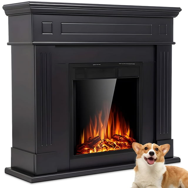 KISSAIR Freestanding Wooden Frame Fireplace with TV Stand, Electric Fireplace Mantel Heater, Various Brightness & Realistic Flames & Remote Control, 750W-1500W, Black