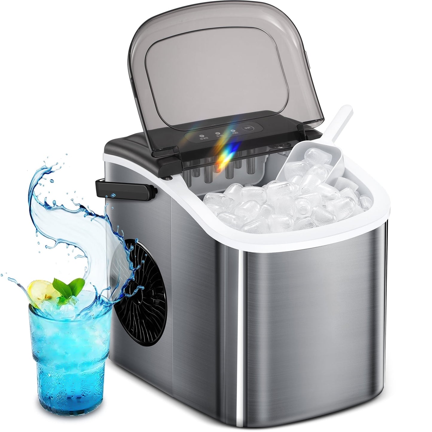 KISSAIR Countertop Ice Maker Portable, 9Pcs/8Mins, 26lbs/24H, Self-Cleaning, Ice Machine with Handle for Kitchen/Office/Bar/Party, Stainless Steel, Silver