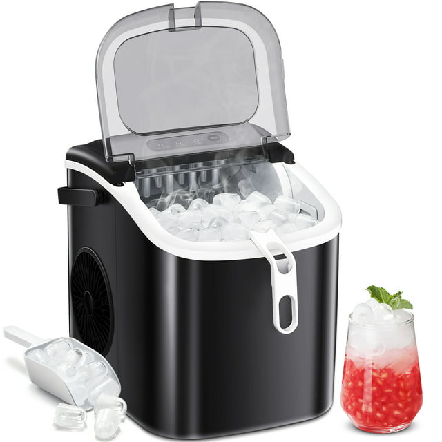 KISSAIR Portable Ice Maker Countertop, with Handle, 26Lbs/24H, 9Pcs/6Mins, One-Click Operation Ice Makers with Ice Scoop and Basket, Self-Cleaning, for Kitchen/Office/Bar/Party