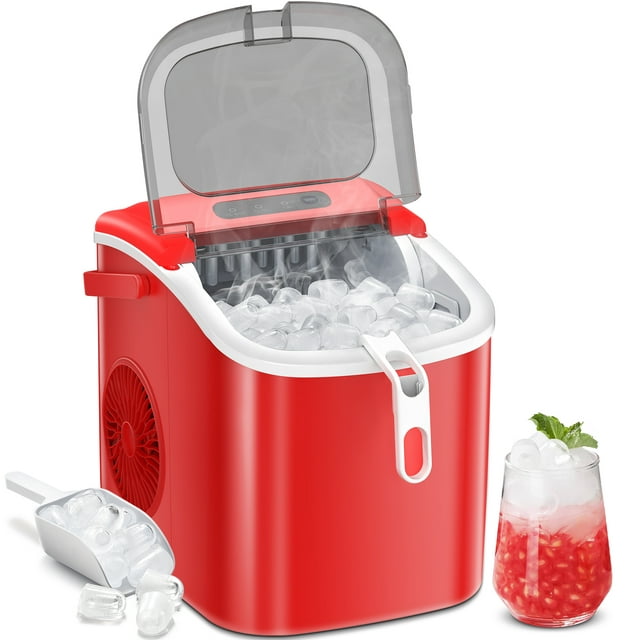 KISSAIR Portable Ice Maker Countertop, with Handle, 26Lbs/24H, 9Pcs/6Mins, One-Click Operation Ice Makers with Ice Scoop and Basket, Self-Cleaning, for Kitchen/Office/Bar/Party