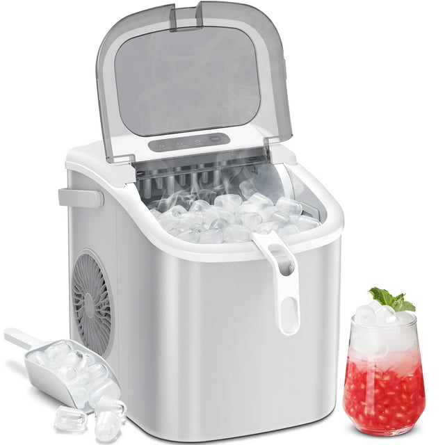 KISSAIR Portable Ice Maker Countertop, with Handle, 26Lbs/24H, 9Pcs/6Mins, One-Click Operation Ice Makers with Ice Scoop and Basket, Self-Cleaning, for Kitchen/Office/Bar/Party