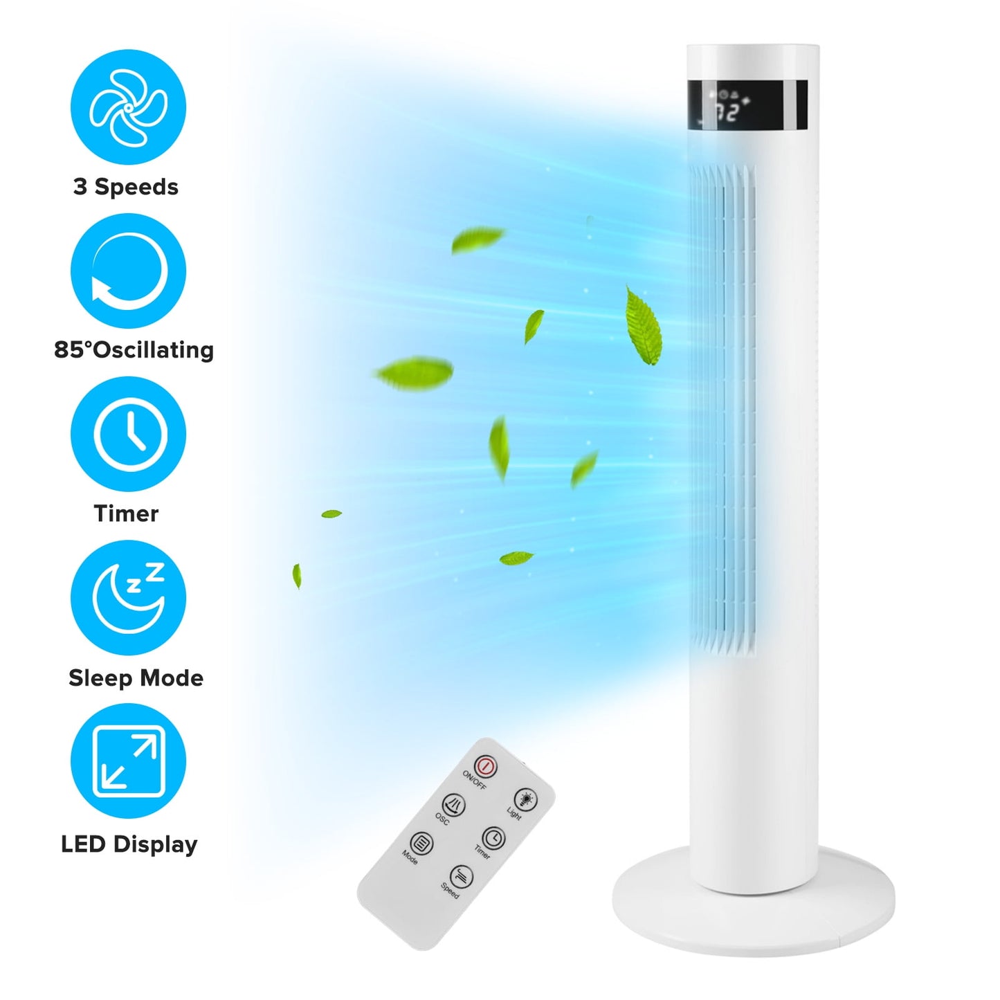 KISSAIR Tower Fan Portable Floor Fans 85°Oscillating Fan 12H Timer Remote Control Standing Bladeless Electric 3 Speeds Wind 3 Modes Bedroom Office(35 inch, White)