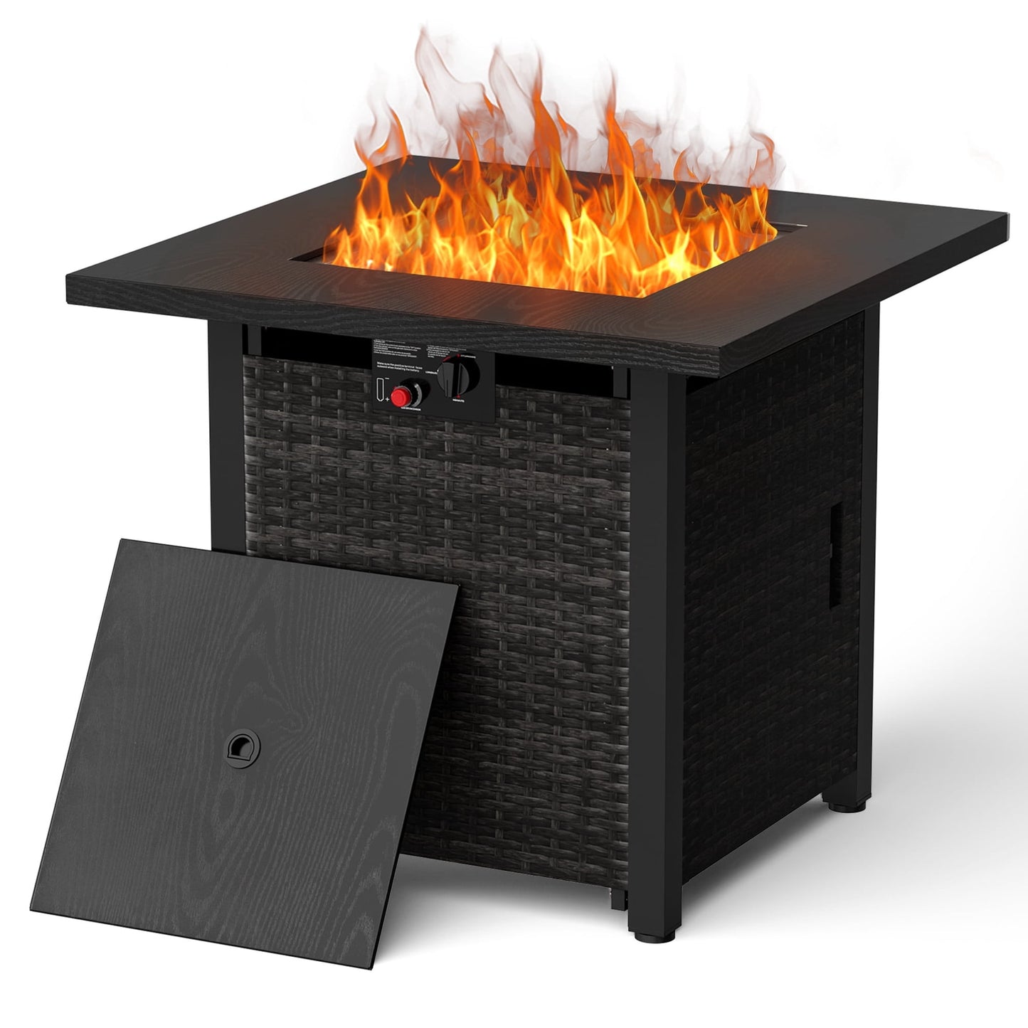 Kissair 28" Propane Fire Pit Table , 50,000 BTU Gas Outdoor Fire Pit, Large Rectangle Black Firepits Dining Table with Glass Wind Guard for Patio, Garden & Backyard ,Black