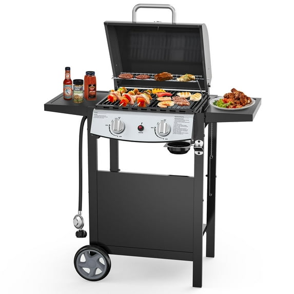 LHRIVER 2 Burner Propane Gas Grill with Side Table, 20000 BTU BBQ Grill for BBQ, Outdoor Cooking