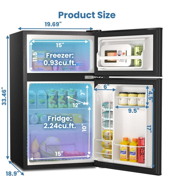 KISSAIR 3.2 Cu.Ft Mini Vintage Refrigerator, Vertical Compact Refrigerator, Adjustable Temperature, 2-door Mini Refrigerator for Home, Office, Dormitory, or RV, Apartment Food Storage Room or Beverage