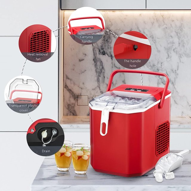 KISSAIR Countertop Ice Maker Portable Ice Machine, Basket Handle, Self-Cleaning Ice Makers, 26Lbs/24H, 9 Ice Cubes Ready in 6 Mins, S/L ice, for Home Kitchen Bar Party (Red)