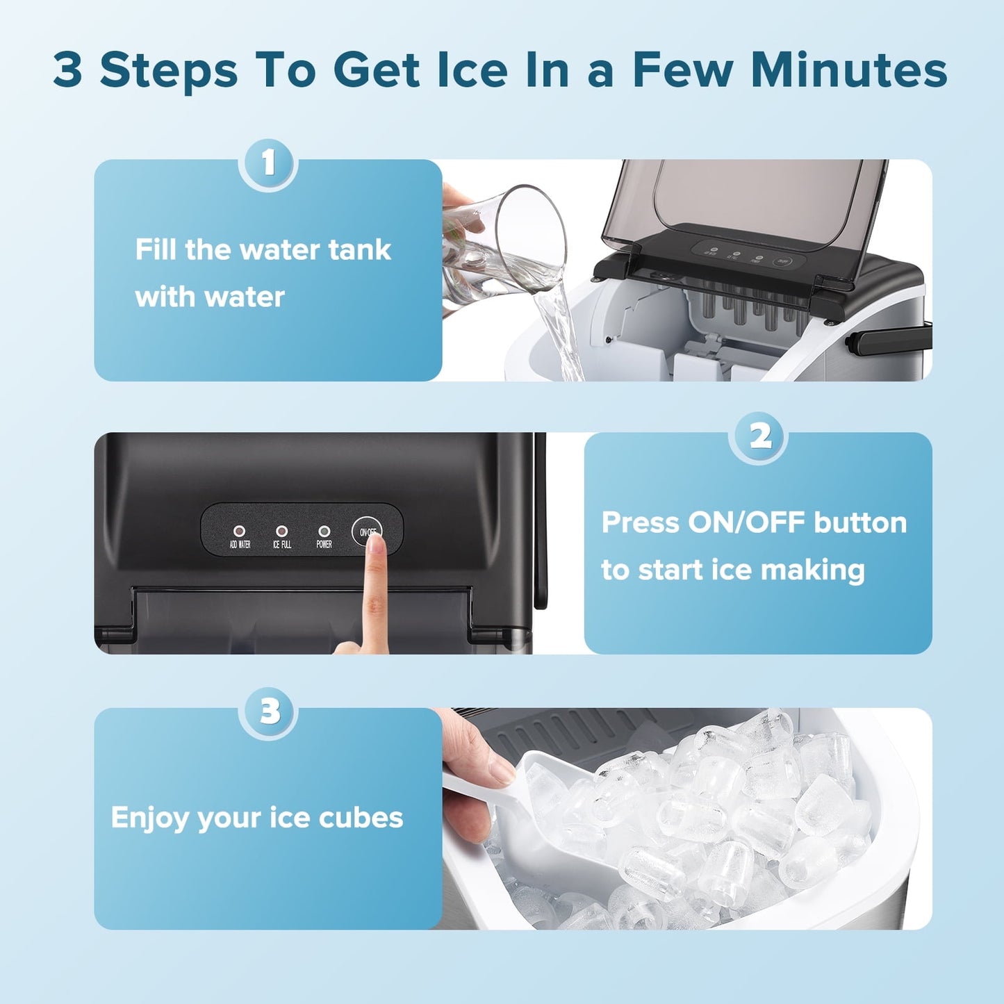 KISSAIR Countertop Ice Maker Portable, 9Pcs/8Mins, 26lbs/24H, Self-Cleaning, Ice Machine with Handle for Kitchen/Office/Bar/Party, Stainless Steel, Silver