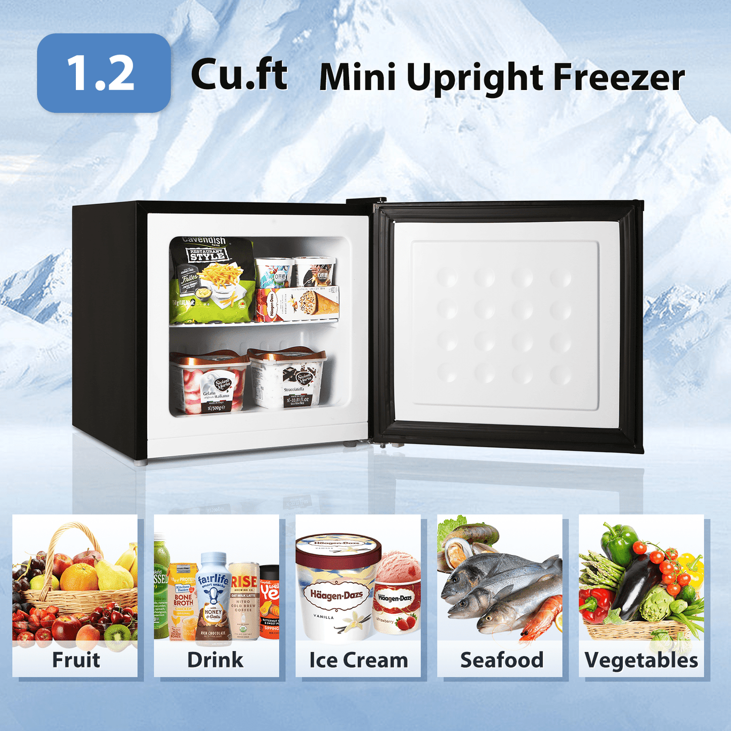 KISSAIR Upright Compact Freezer 1.2 Cu.ft, Freestanding Mini Freezer with Removable Shelf, Single Door, Adjustable Temperature Control-Black