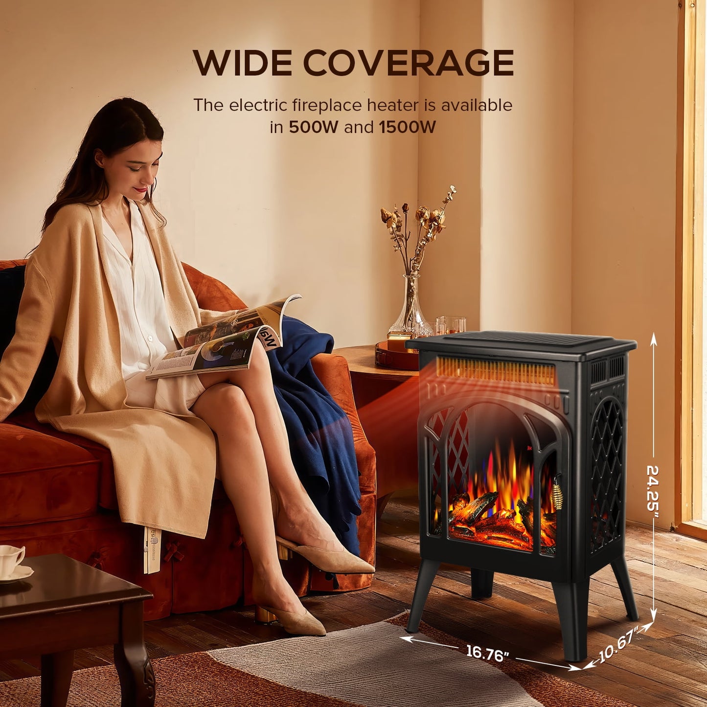 KISSAIR All-metal Electric Fireplace Heater 16", Frame Freestanding Stove, 3D Flame, Remote Control, 500W/1500W, Black